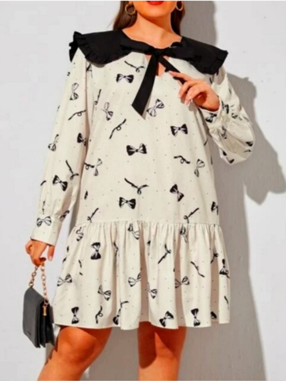 SHEIN White Midi Dress with Black Bow Print and Black Peter Pan Collar